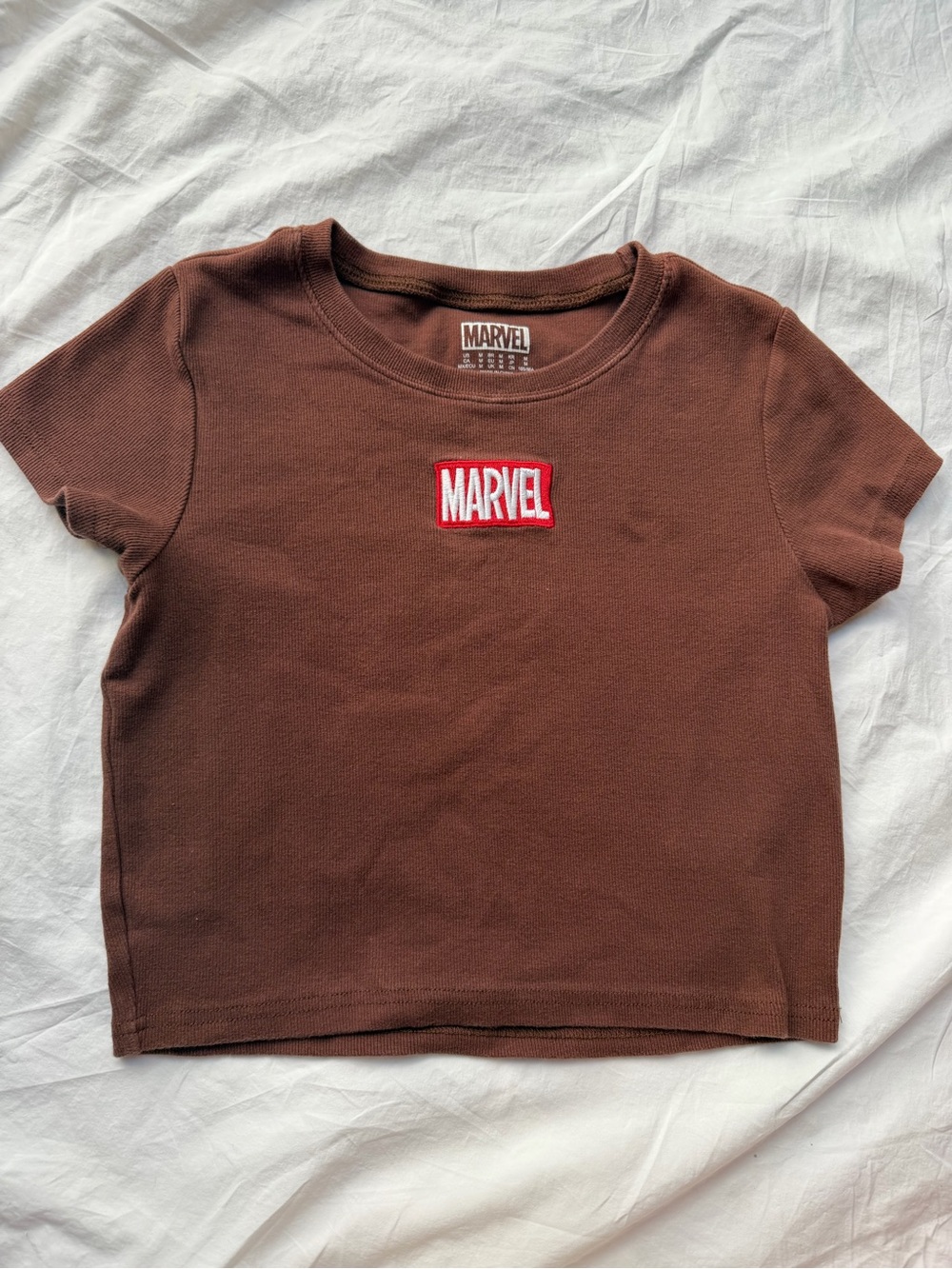 Marvel Brown Ribbed Cropped Tee Logo Patch Short Sleeve Top Medium